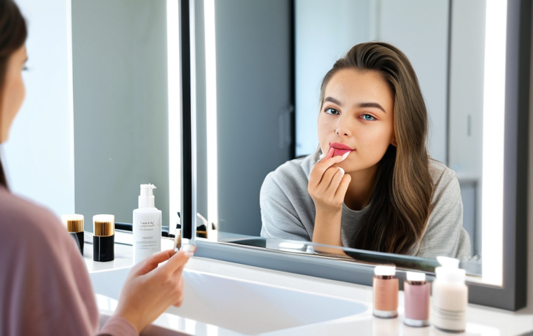 A professional young adult woman, fully clothed in modest, comfortable loungewear, gently applying a lip product at a modern, brightly lit vanity table. The background is a clean, minimalist bathroom with soft-focus luxury beauty items. Her expression is serene and focused on self-care. The image features perfect anatomy, correct proportions, natural body proportions, well-formed hands, and proper finger count. Professional photography, high-resolution, soft focus. safe for work, appropriate content, appropriate attire, family-friendly.