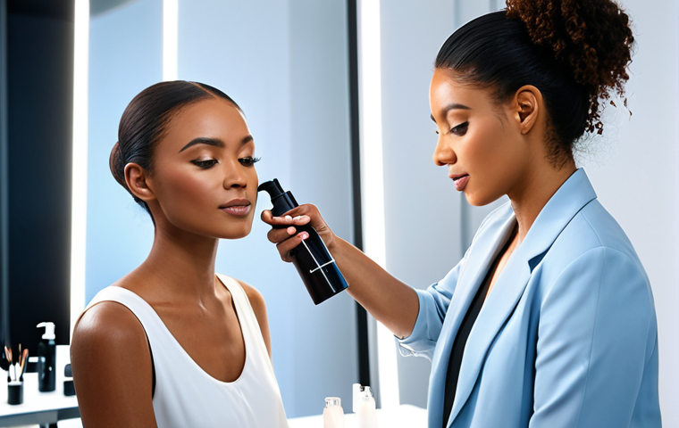 **

A professional makeup artist applying makeup setting spray to a client in a well-lit studio. The client is fully clothed and wearing modest, stylish attire. The focus is on the application technique, with the artist holding the spray bottle at a proper distance. Perfect anatomy, natural pose, safe for work, appropriate content, fully clothed, professional. High-quality, detailed image.

**