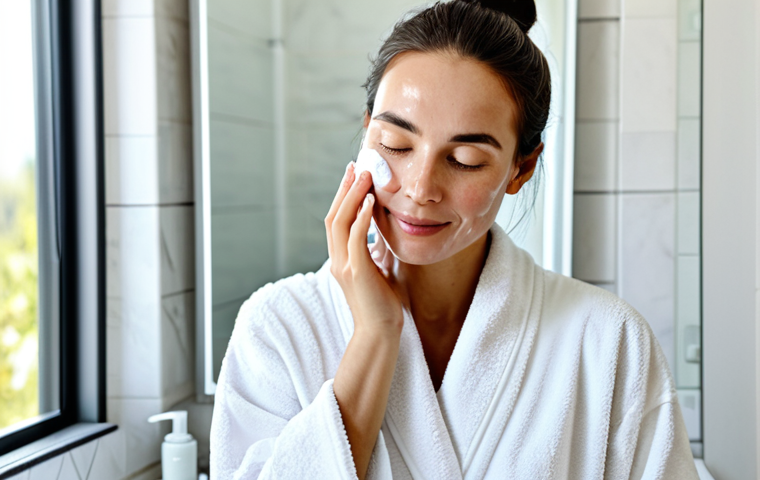 Preparing the Skin**

"Close-up of a woman applying a light moisturizer to her face in a bright bathroom. She is fully clothed in a comfortable robe. Focus on the skincare products on the counter: cleanser, exfoliator, serum. Safe for work, appropriate content, modest, professional skincare routine, perfect anatomy, natural proportions, well-lit photography."

**