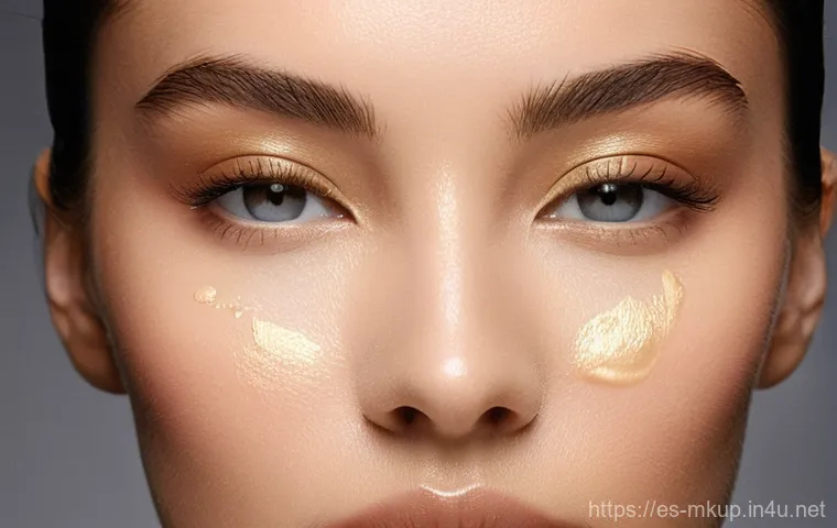 더블웨어 파운데이션과 아르마니 파워 패브릭 비교 - **Prompt:** "A close-up, high-definition, artistic photo of a young woman's face applying foundation...