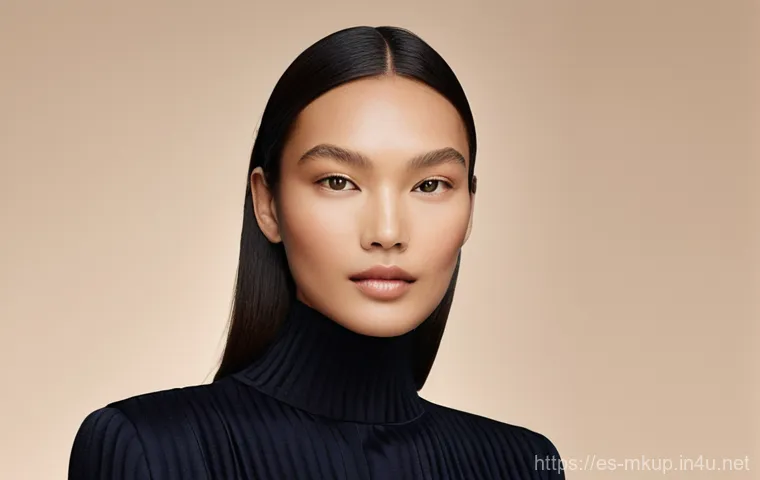 더블웨어 파운데이션과 아르마니 파워 패브릭 비교 - **Prompt:** "A close-up, high-definition, artistic photo of a young woman's face applying foundation...