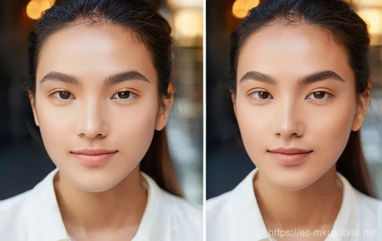 더블웨어 파운데이션과 아르마니 파워 패브릭 비교 - **Prompt:** "A split-face portrait of a sophisticated woman, showcasing two distinct foundation fini...