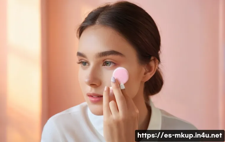 블러셔 스틱과 파우더 블러셔 차이 - A close-up portrait of a young woman with dry, fair skin applying a creamy blush stick on her cheeks...