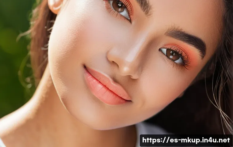 바캉스 메이크업 필수템 - A close-up portrait of a young Hispanic woman with flawless summer makeup, featuring a lightweight B...