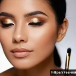 Home 21 웜톤과 쿨톤을 위한 섀도우 팁 - A close-up portrait of a young Hispanic woman applying eyeshadow with professional makeup brushes, s...