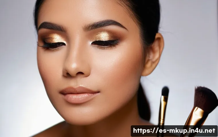 웜톤과 쿨톤을 위한 섀도우 팁 - A close-up portrait of a young Hispanic woman applying eyeshadow with professional makeup brushes, s...