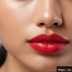 Home 20 키스프루프 립 틴트 비교 - A close-up portrait of a young Hispanic woman with naturally hydrated lips wearing a semi-matte red ...