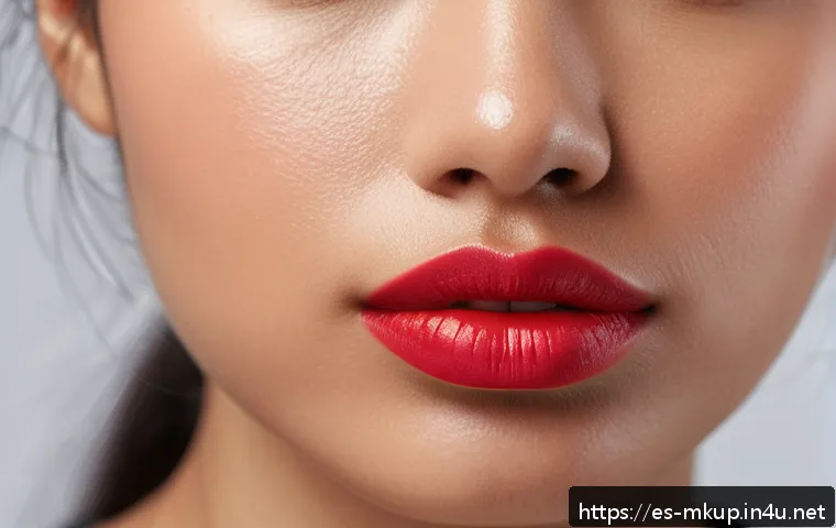 키스프루프 립 틴트 비교 - A close-up portrait of a young Hispanic woman with naturally hydrated lips wearing a semi-matte red ...