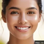 Home 19 촉촉한 스킨 틴트 파운데이션 추천 - A close-up portrait of a young Hispanic woman with glowing, dewy skin wearing a lightweight foundati...