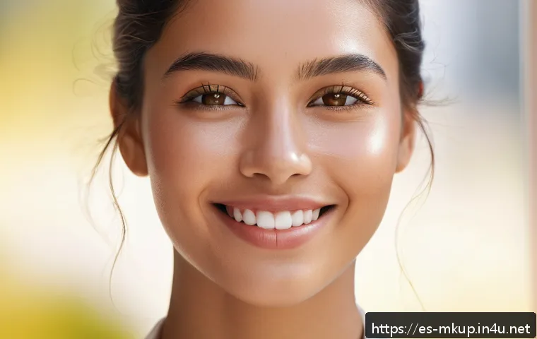 촉촉한 스킨 틴트 파운데이션 추천 - A close-up portrait of a young Hispanic woman with glowing, dewy skin wearing a lightweight foundati...