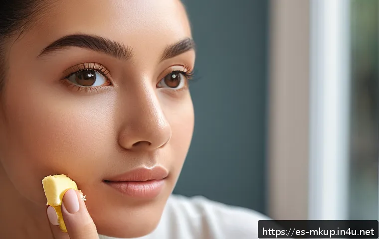 트윈 케익 파운데이션 장단점 - A close-up portrait of a young woman with flawless, natural-looking skin applying twin cake foundati...