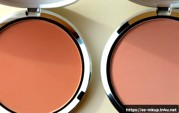 Home 17 파스텔 톤 블러셔와 펄 블러셔 비교 - Photorealistic beauty comparison scene, two unbranded blush compacts open side by side on a clean wa...